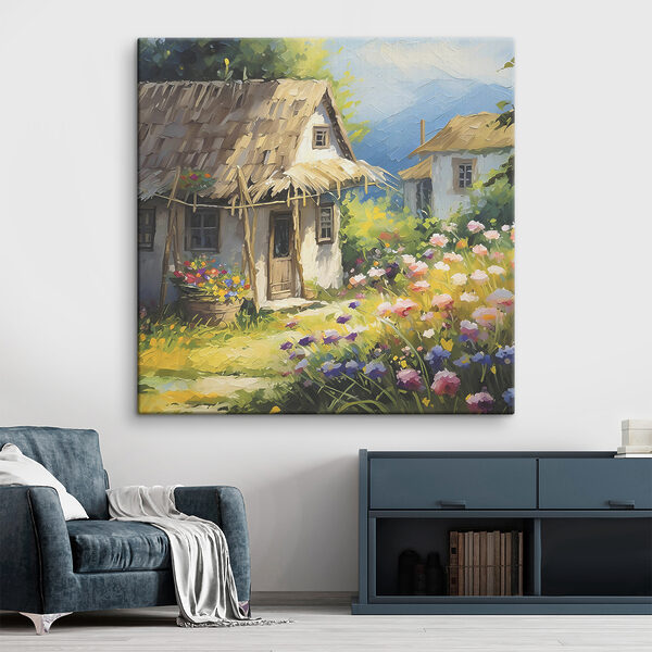A painting of a house with flowers A painting of a house with flowers