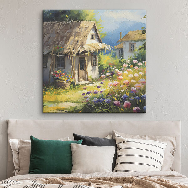 A painting of a house with flowers A painting of a house with flowers