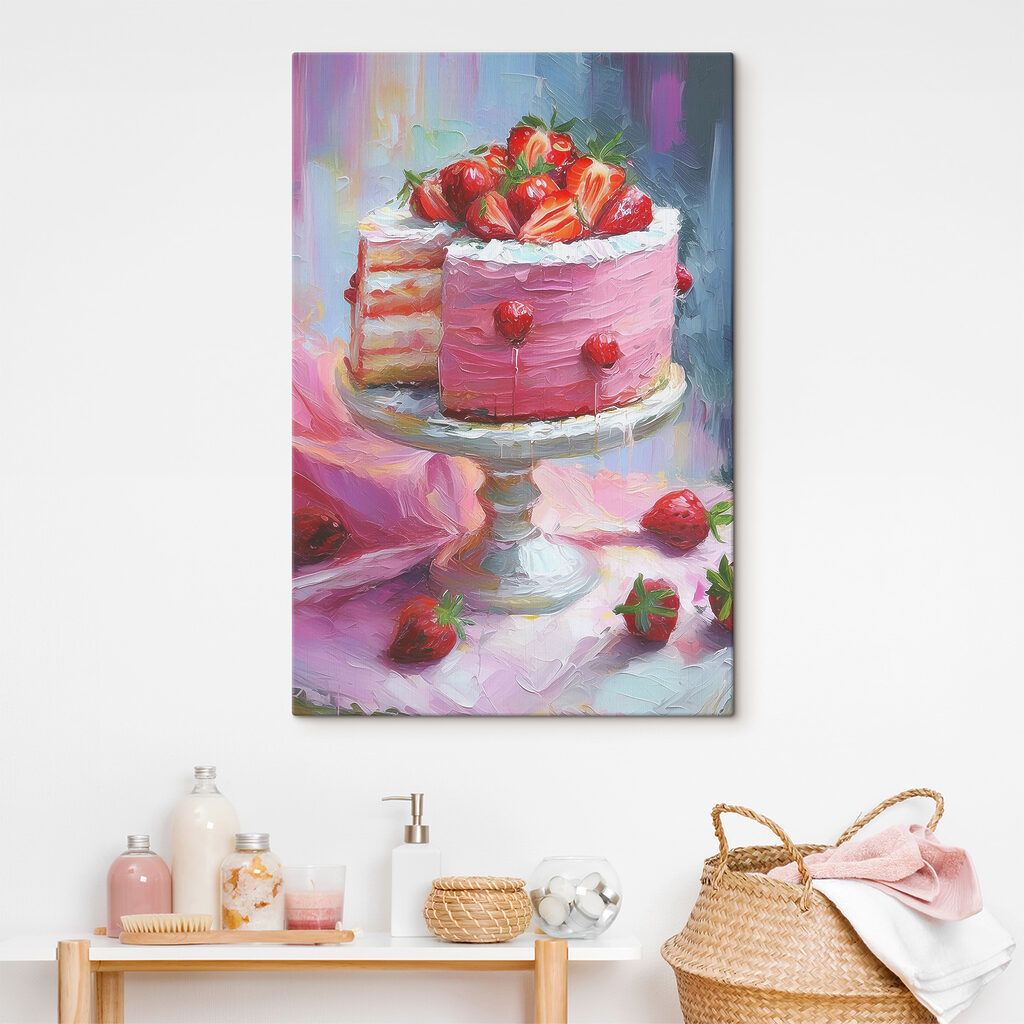 A painting of a cake with strawberries on top A painting of a cake with strawberries on top