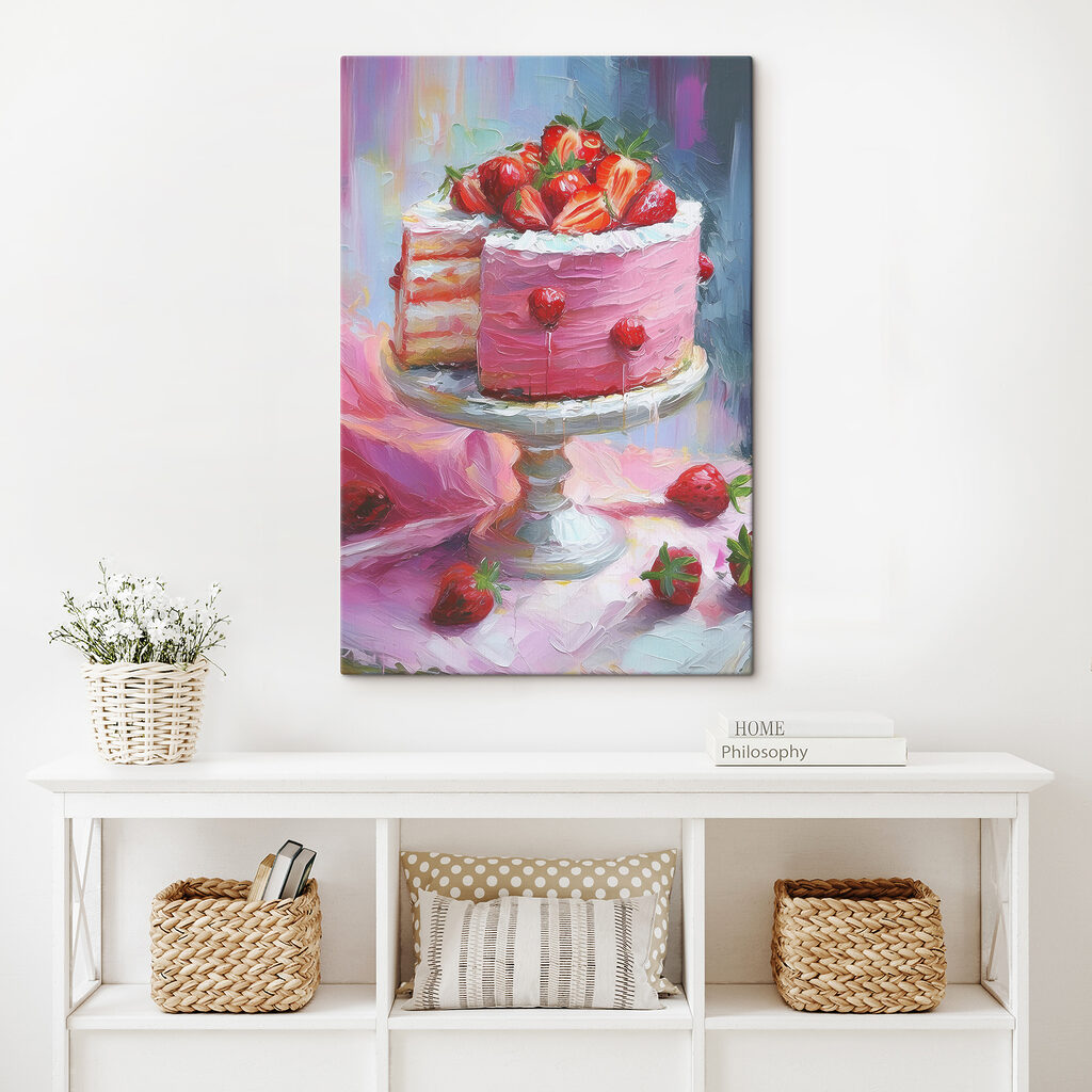 A painting of a cake with strawberries on top A painting of a cake with strawberries on top