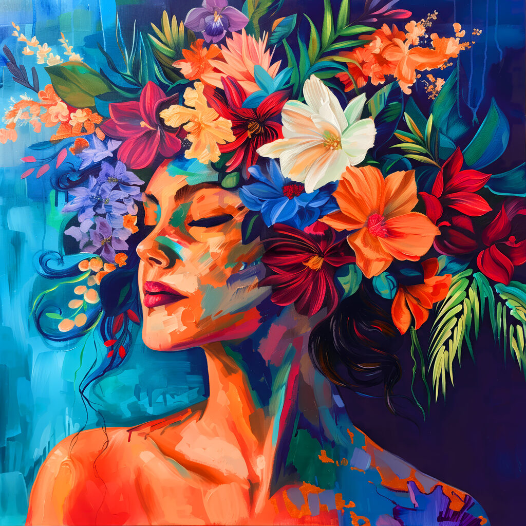 A painting of a woman with flowers in her hair