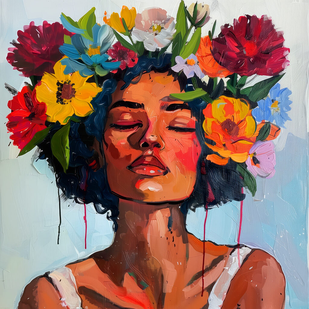 A painting of a woman with flowers in her hair