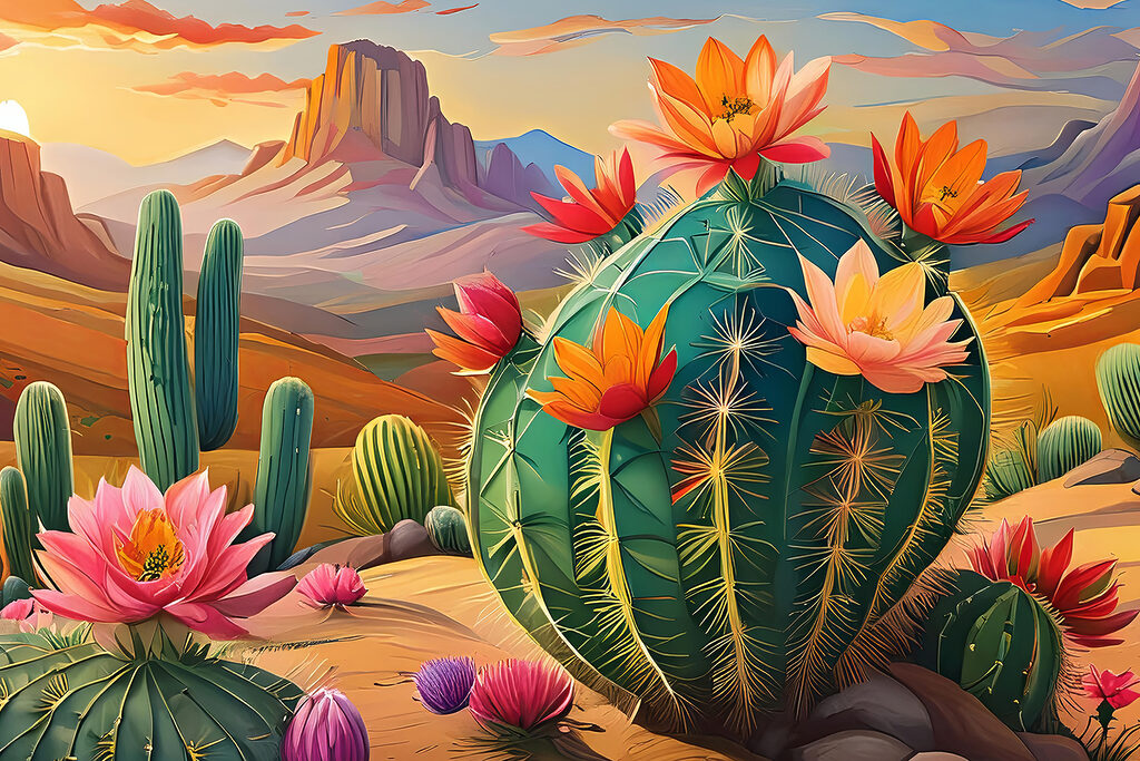 A cactus with flowers in the desert A cactus with flowers in the desert