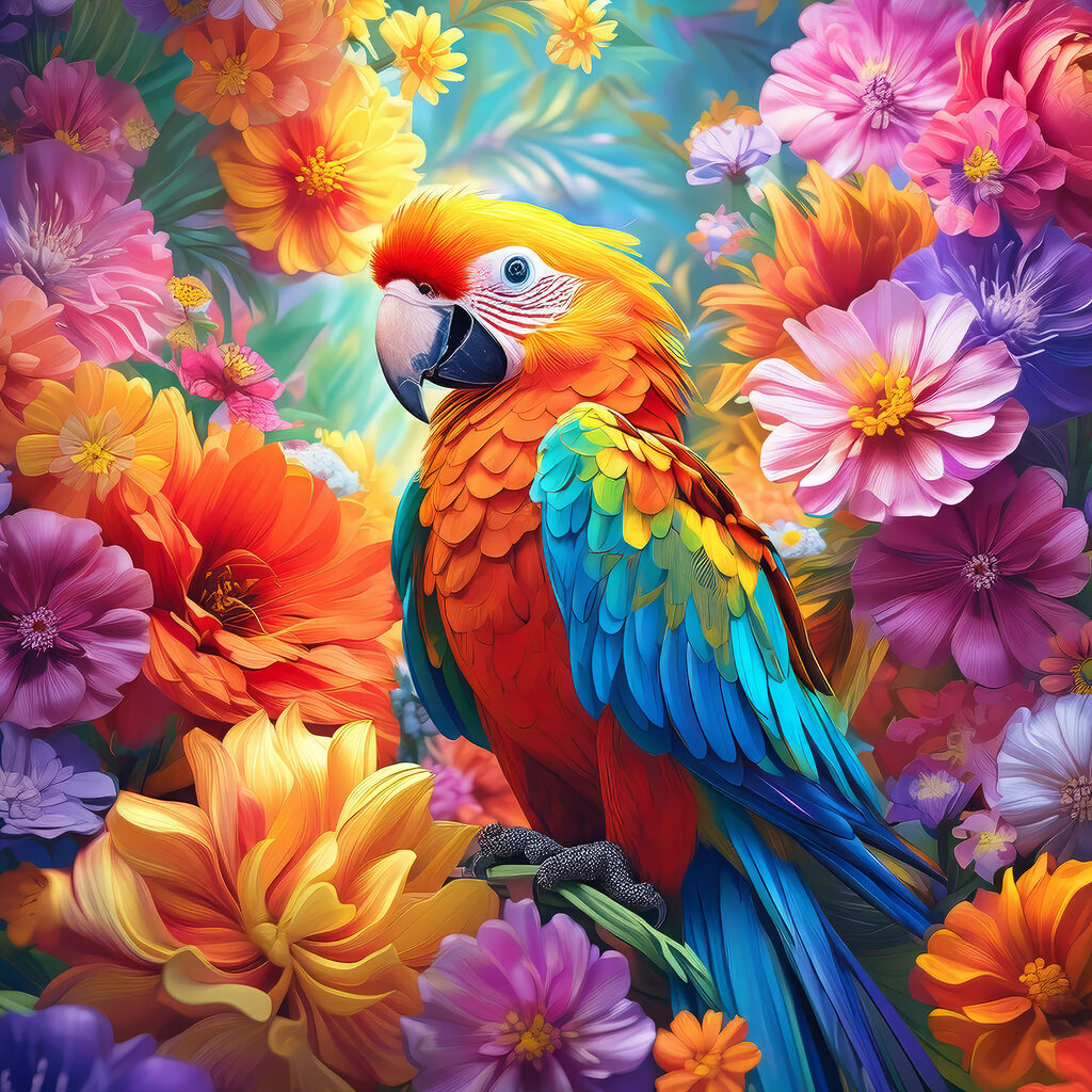 A colorful bird sitting on a branch surrounded by flowers