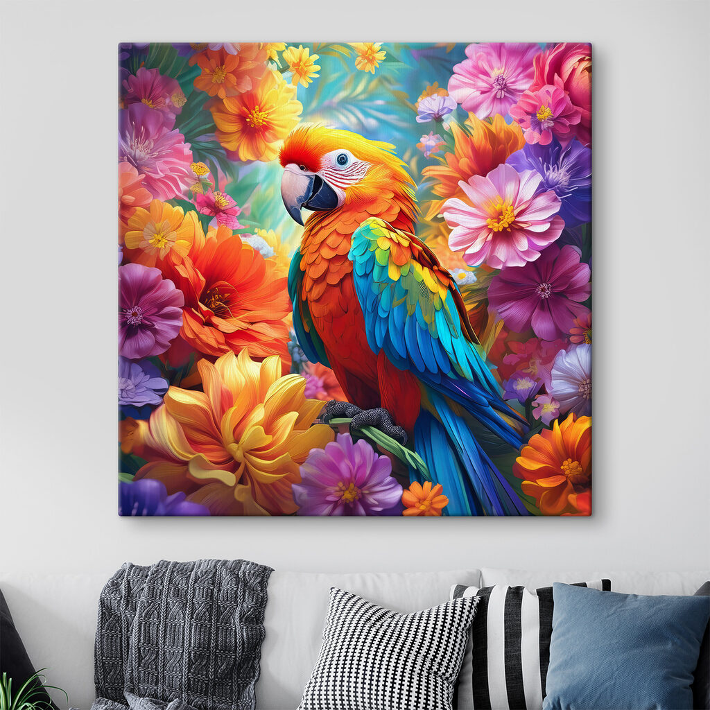 A colorful bird sitting on a branch surrounded by flowers