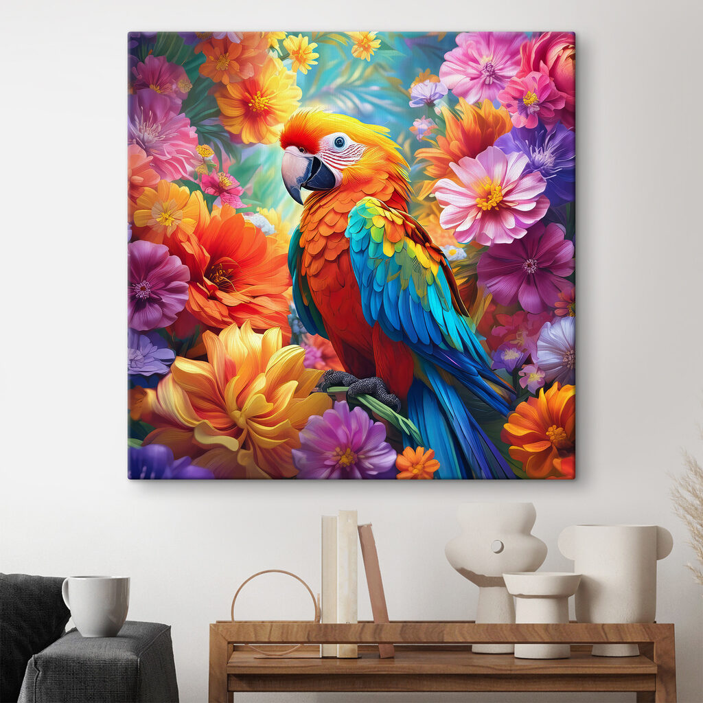 A colorful bird sitting on a branch surrounded by flowers