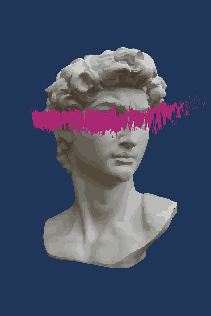 A statue of a man with a pink line