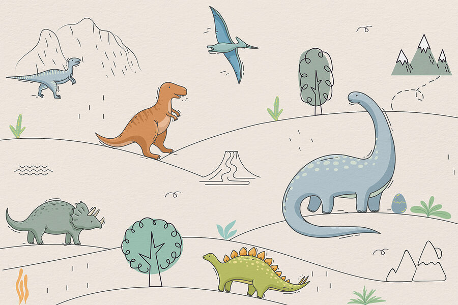Rysunek dinozaurów i gór