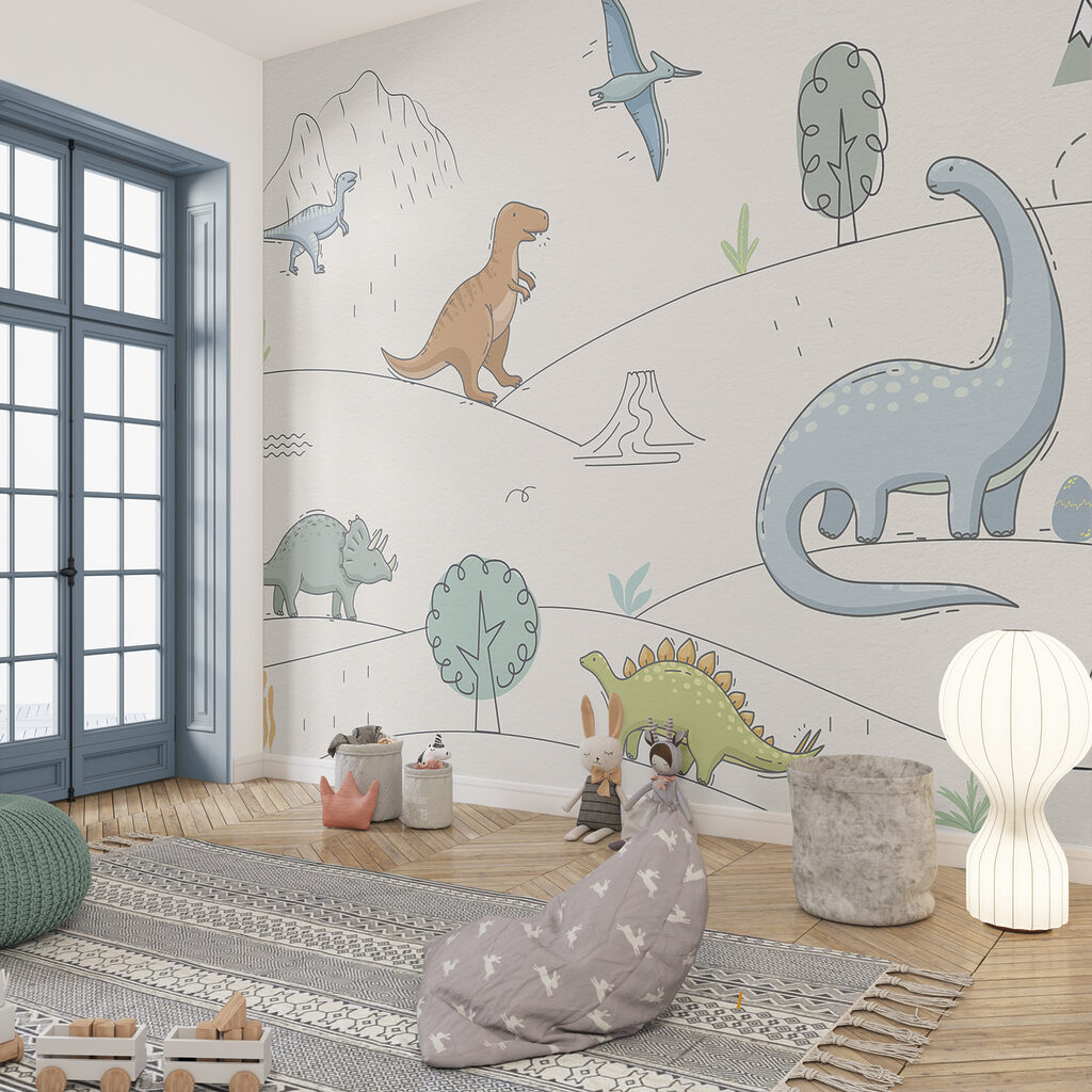 A drawing of dinosaurs and mountains