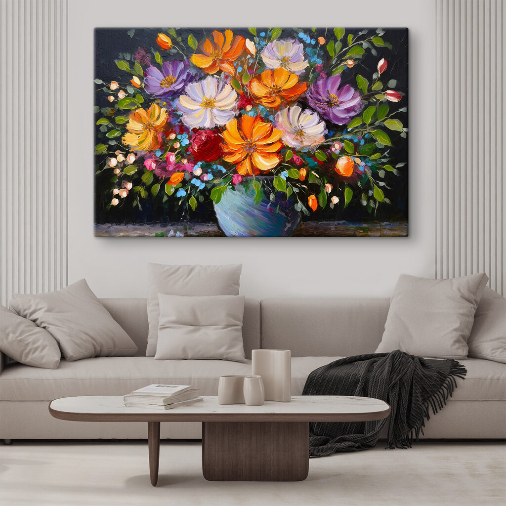 A painting of flowers in a blue vase A painting of flowers in a blue vase