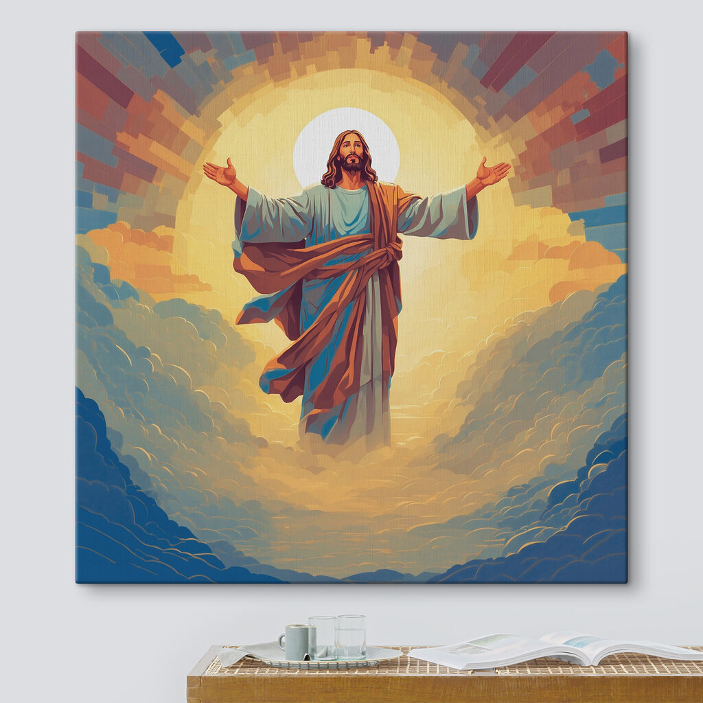A painting of a man in a robe with his arms out in the air A painting of a man in a robe with his arms out in the air