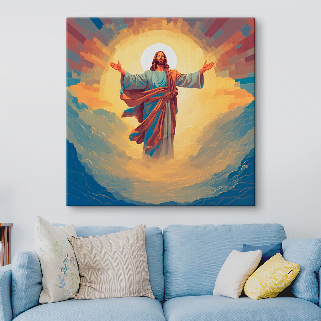 A painting of a man in a robe with his arms out in the air A painting of a man in a robe with his arms out in the air