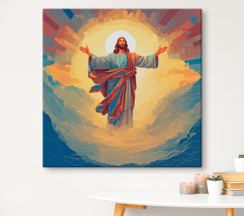 A painting of a man in a robe with his arms out in the air A painting of a man in a robe with his arms out in the air