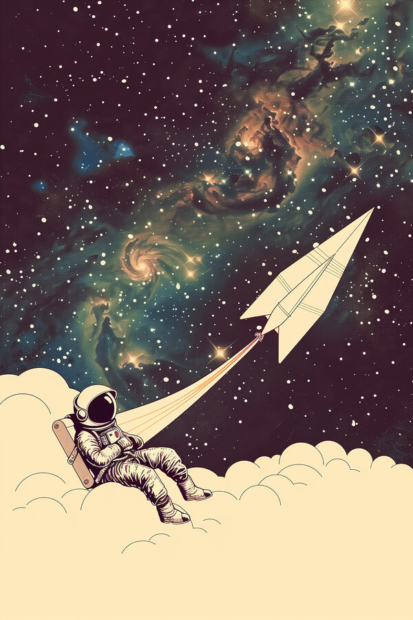 An astronaut sitting on a cloud with a paper plane in the sky An astronaut sitting on a cloud with a paper plane in the sky