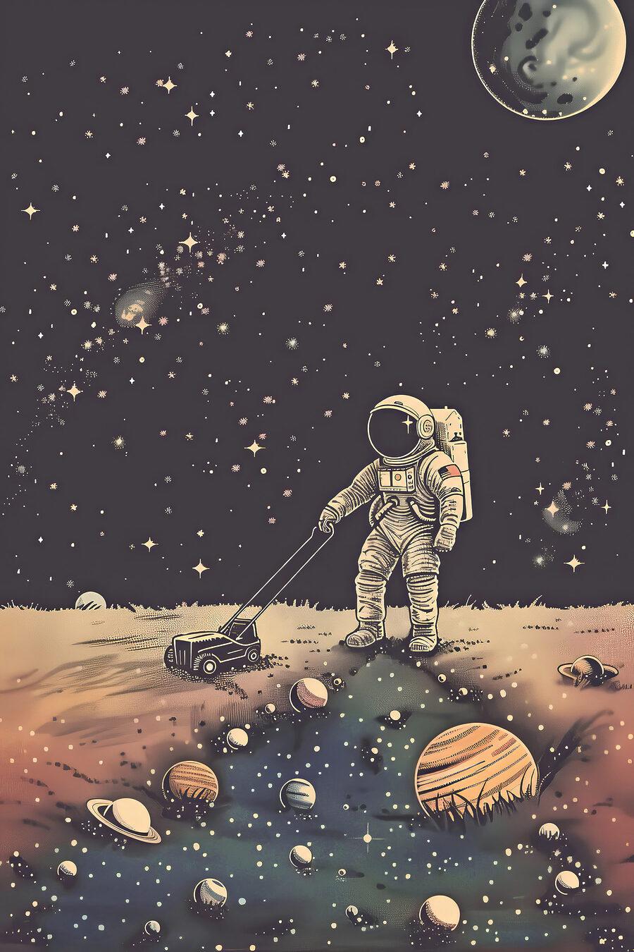 Astronauta ciągnący kosiarkę w kosmosie Astronauta ciągnący kosiarkę w kosmosie