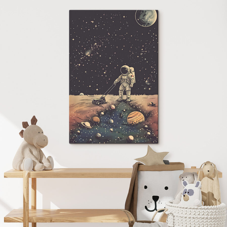 Astronauta ciągnący kosiarkę w kosmosie Astronauta ciągnący kosiarkę w kosmosie