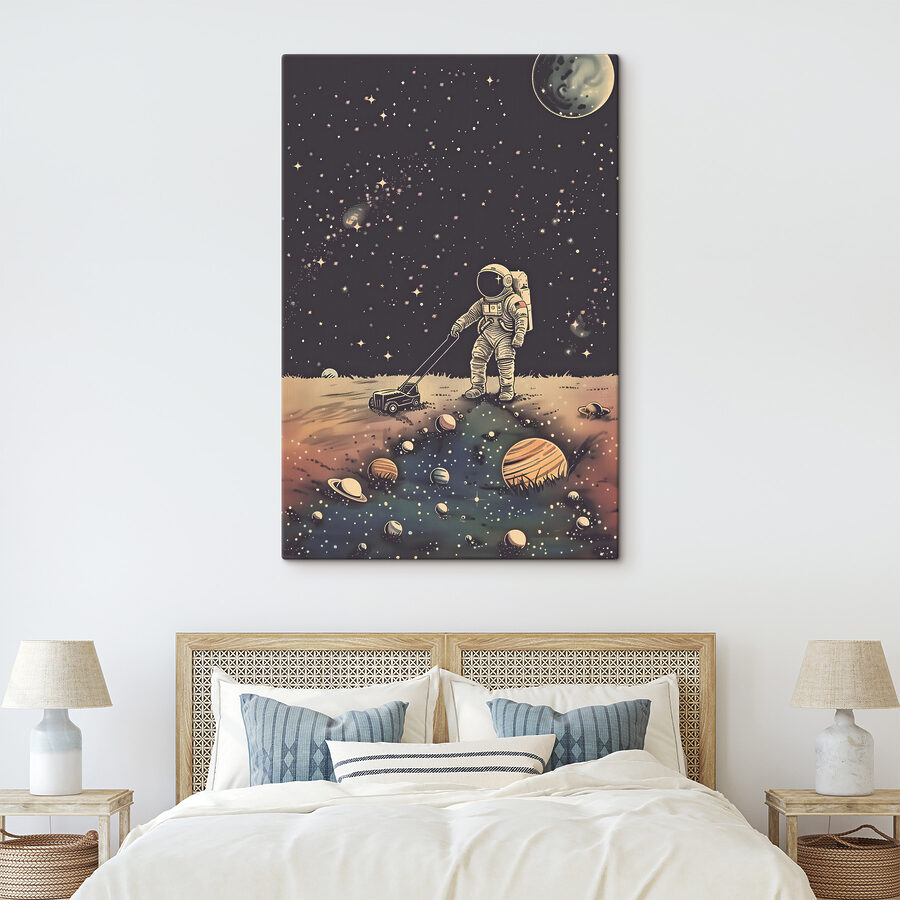 Astronauta ciągnący kosiarkę w kosmosie Astronauta ciągnący kosiarkę w kosmosie