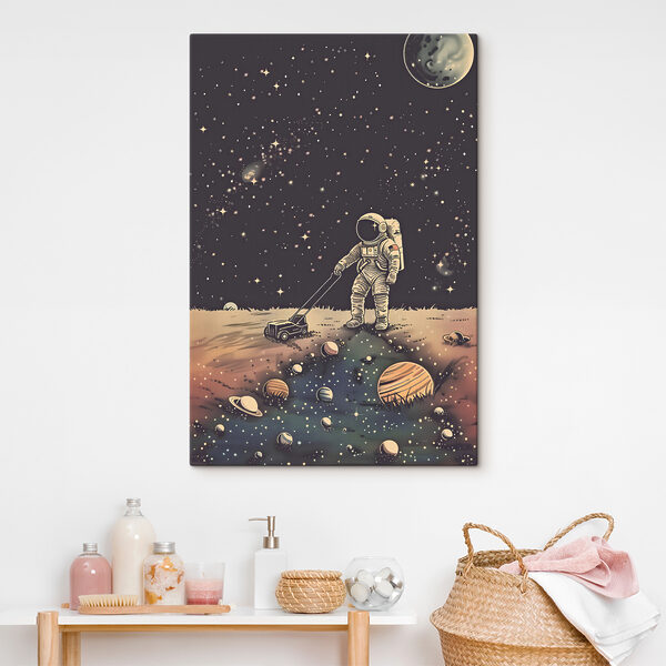 Astronauta ciągnący kosiarkę w kosmosie Astronauta ciągnący kosiarkę w kosmosie