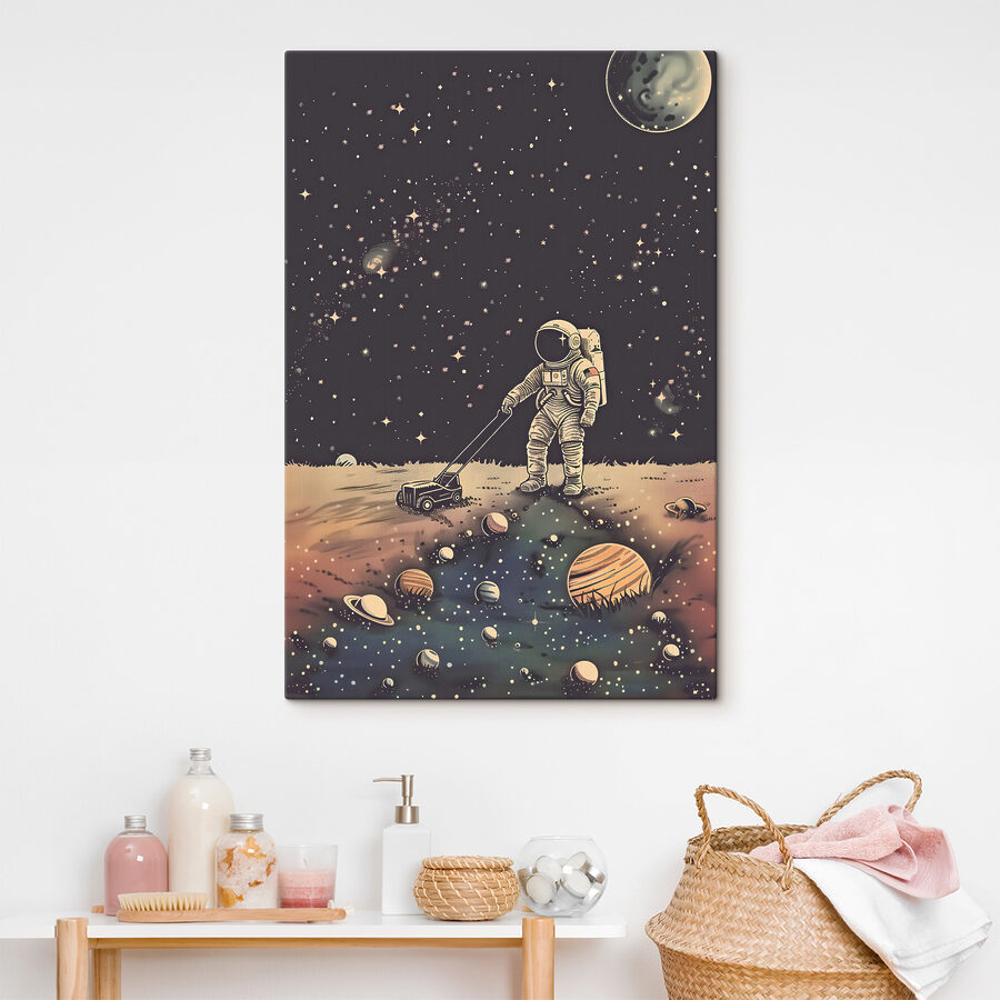 Astronauta ciągnący kosiarkę w kosmosie Astronauta ciągnący kosiarkę w kosmosie