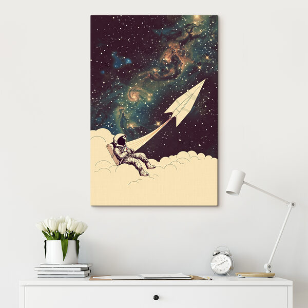 An astronaut sitting on a cloud with a paper plane in the sky An astronaut sitting on a cloud with a paper plane in the sky