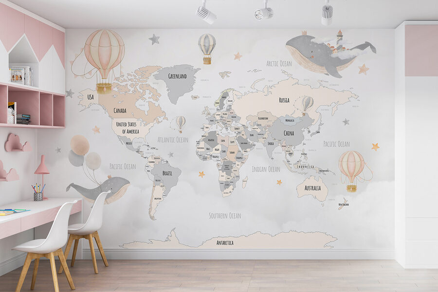 Mapa świata z balonami na ogrzane powietrze