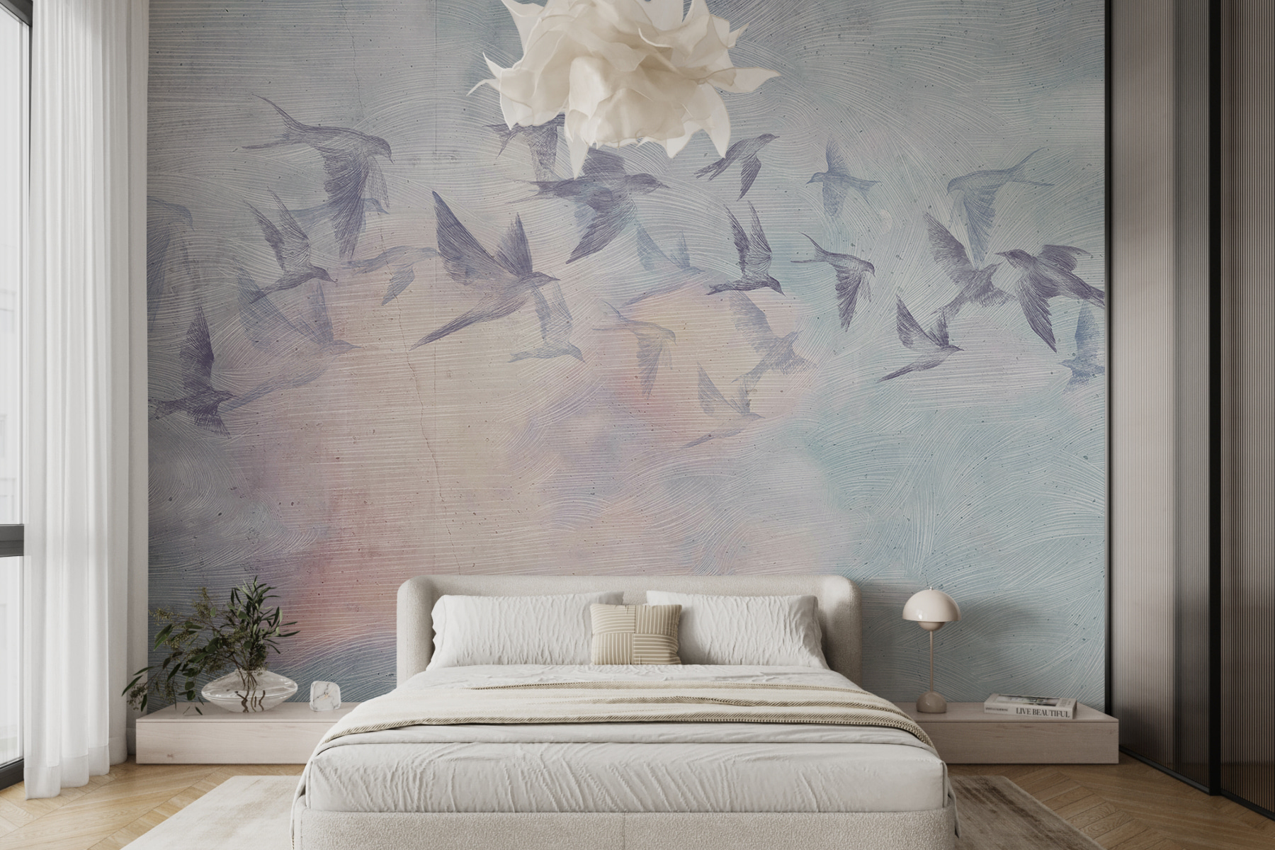 A flock of birds flying in the sky