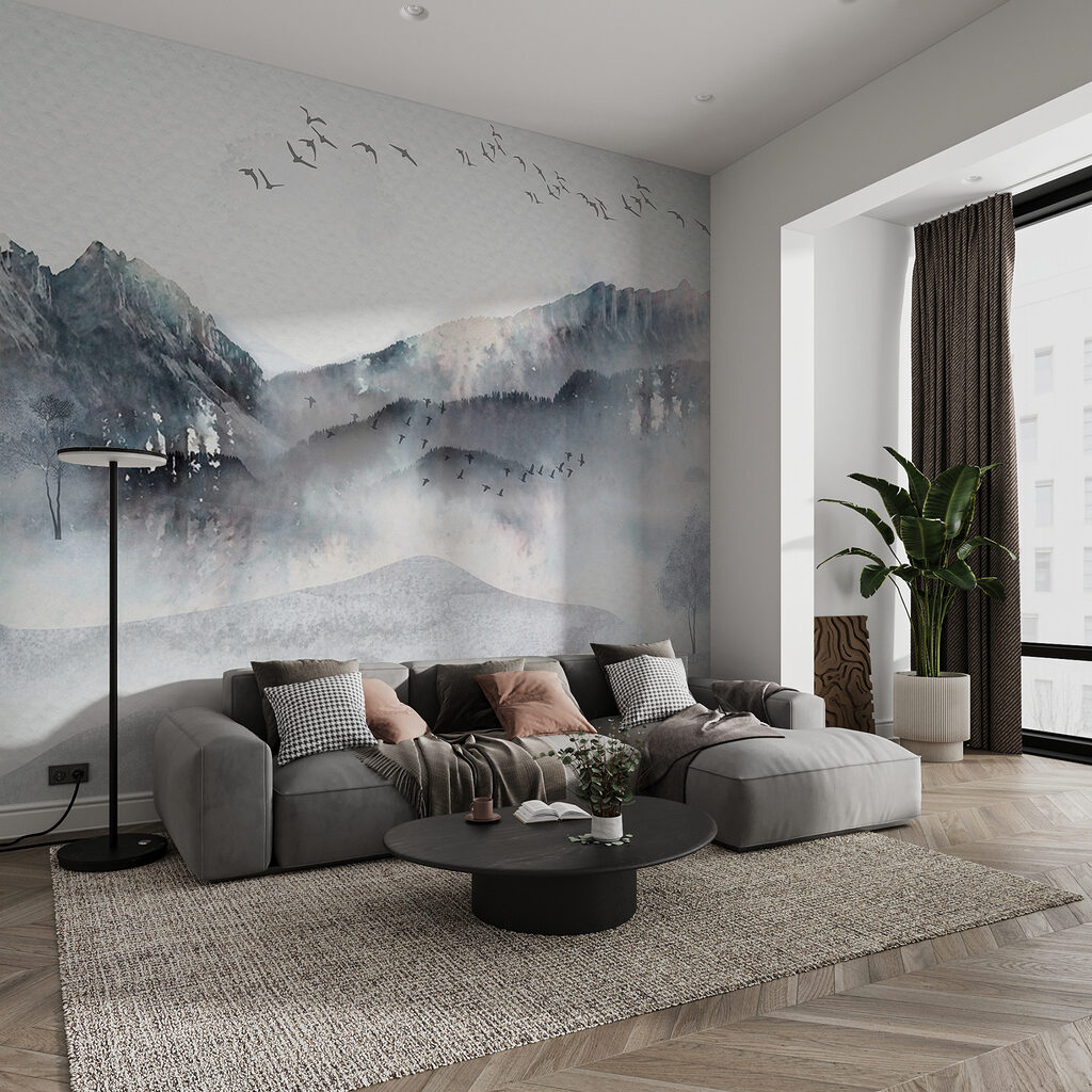 A painting of a mountain range with birds flying over it