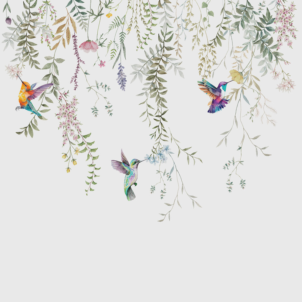 A painting of birds and flowers