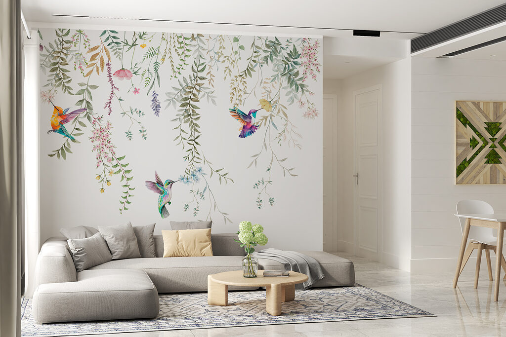 A painting of birds and flowers