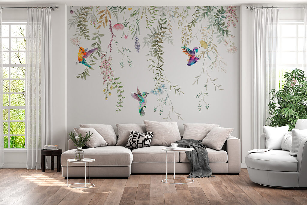 A painting of birds and flowers