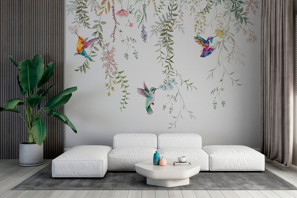 A painting of birds and flowers