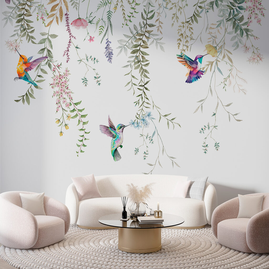 A painting of birds and flowers