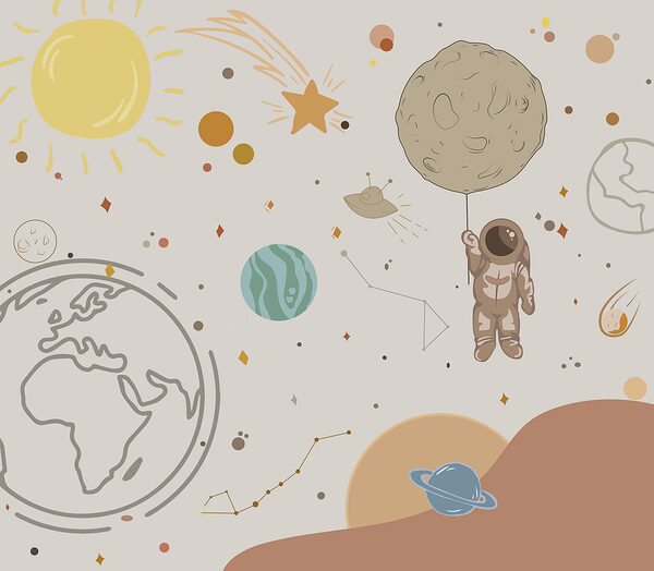 Kreskówka przedstawiająca astronautę trzymającego planetę w kosmosie Kreskówka przedstawiająca astronautę trzymającego planetę w kosmosie