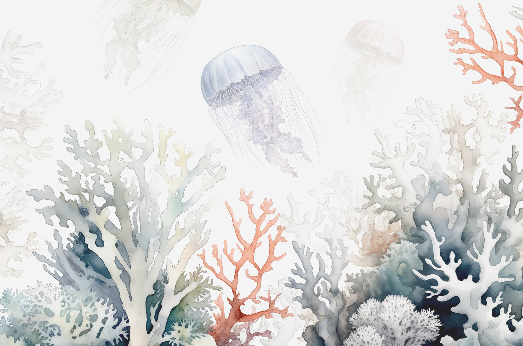 A group of jellyfish and corals