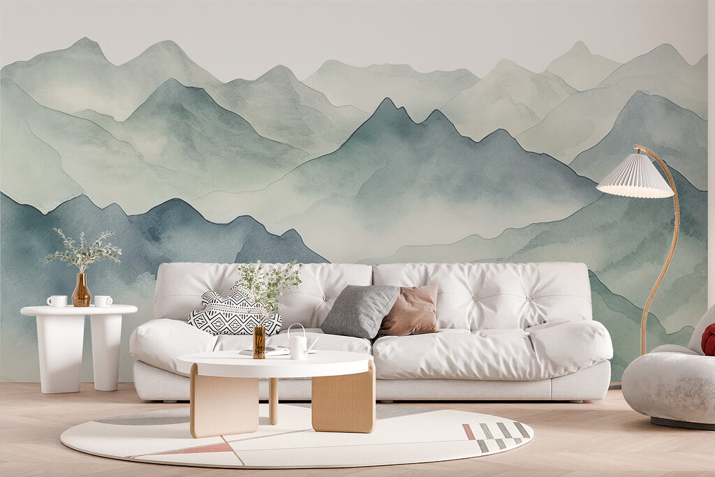 A watercolor of mountains and fog A watercolor of mountains and fog