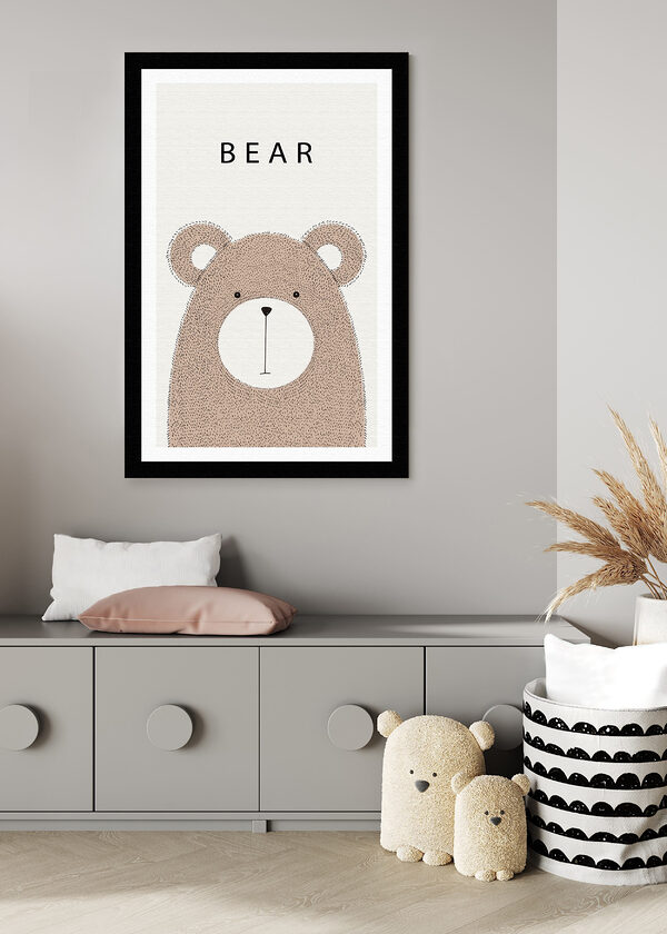 A bear with black text