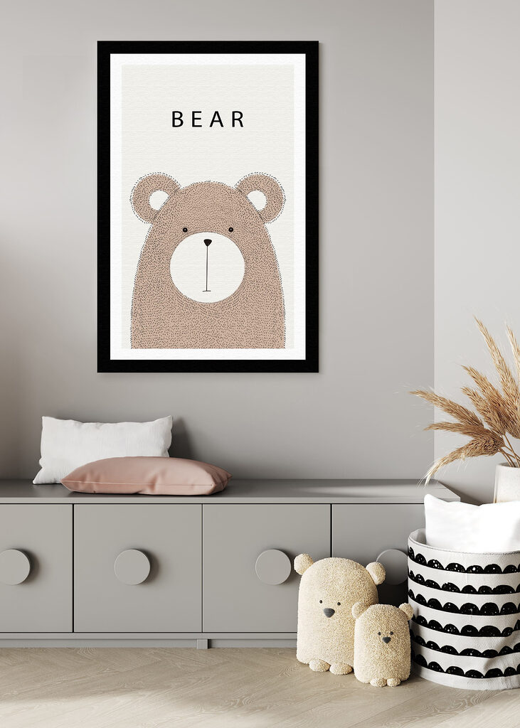 A bear with black text