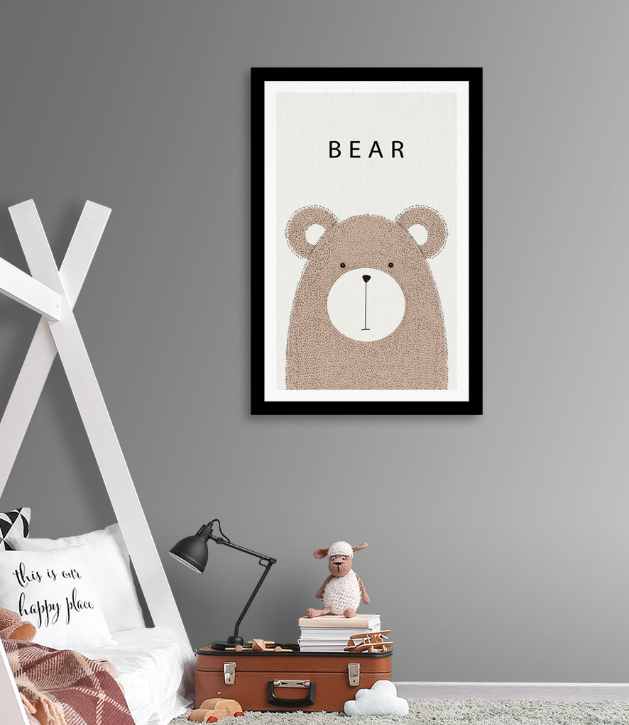 A bear with black text