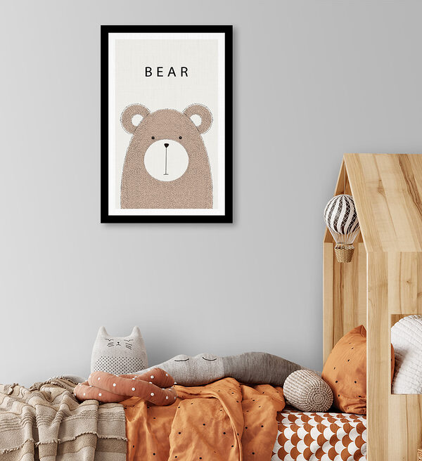 A bear with black text