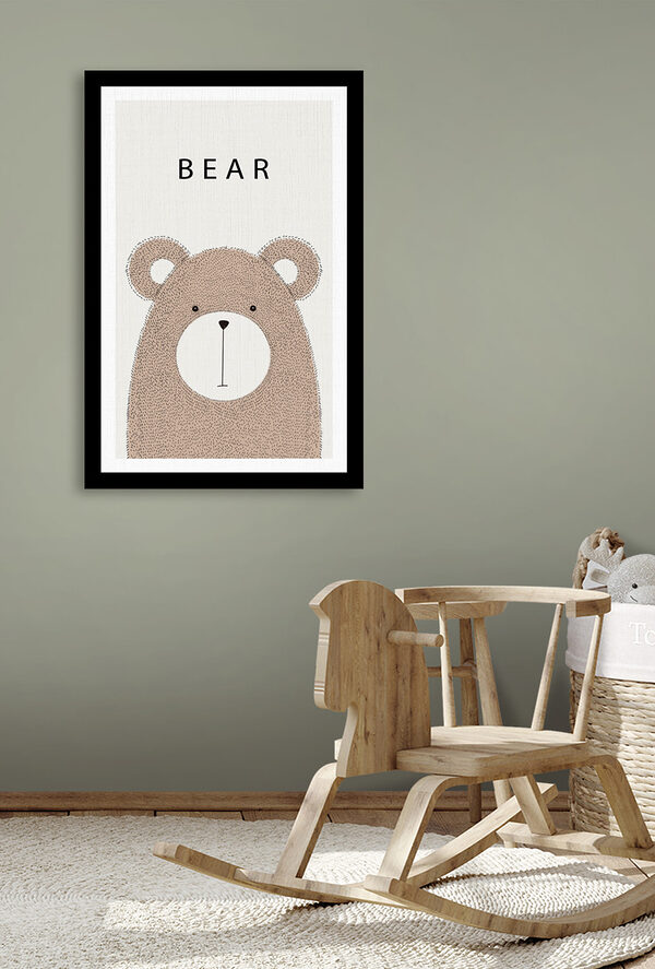 A bear with black text
