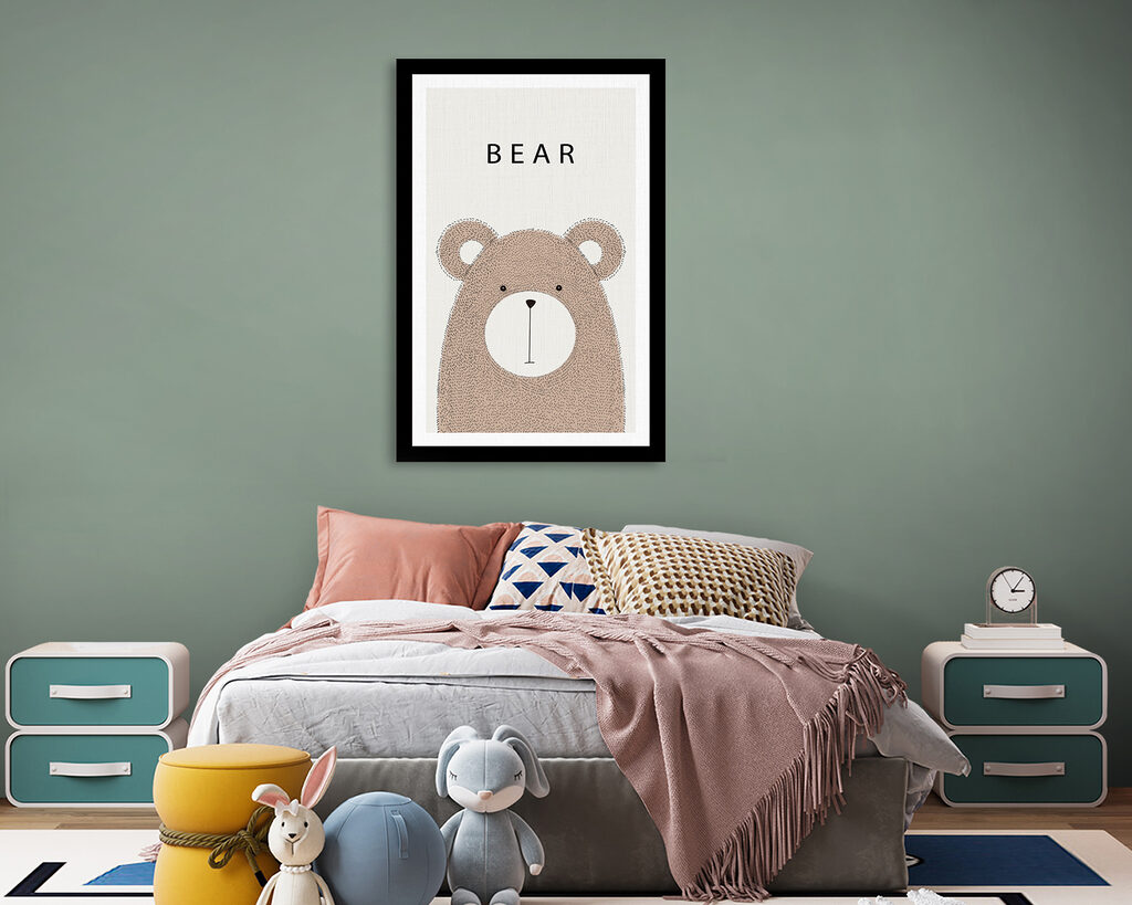 A bear with black text