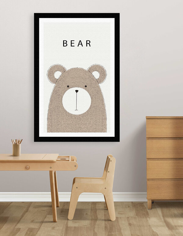 A bear with black text