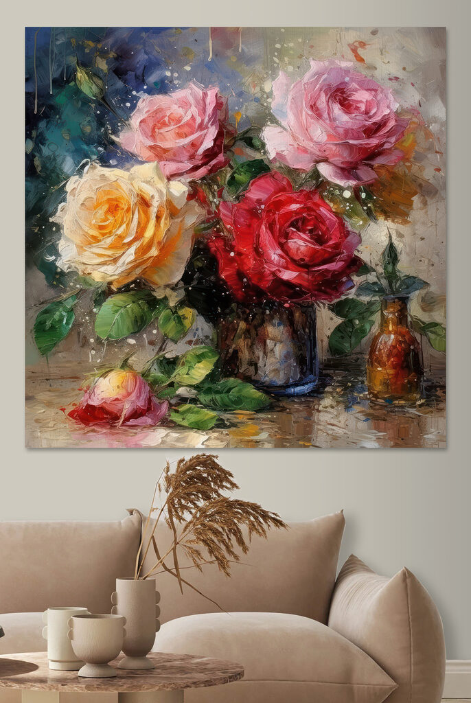 A painting of flowers in a vase A painting of flowers in a vase