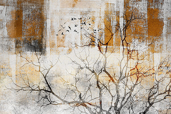 A tree with birds flying in the sky