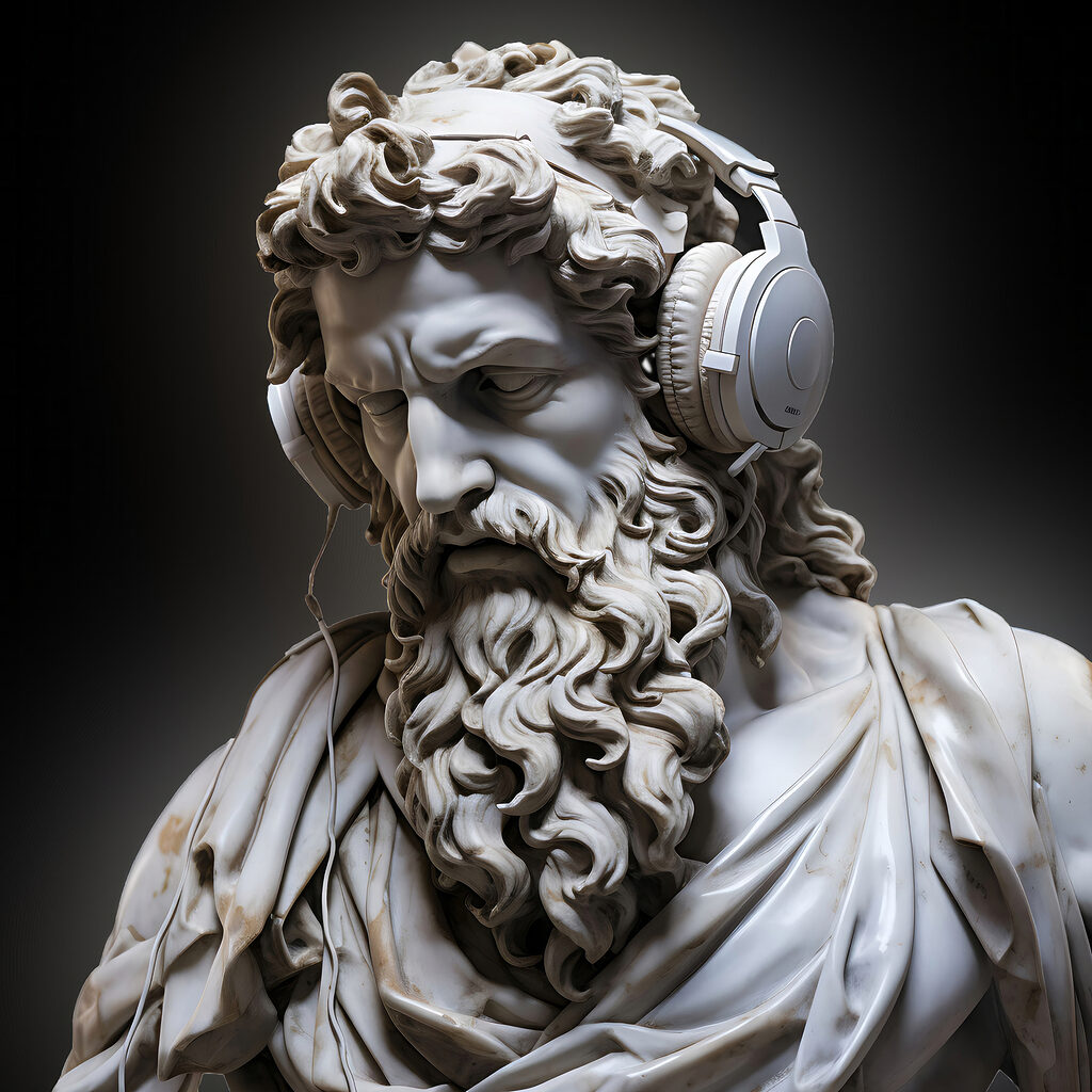 A statue of a bearded man wearing headphones A statue of a bearded man wearing headphones