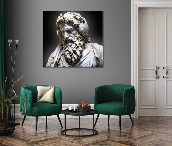 A statue of a bearded man wearing headphones A statue of a bearded man wearing headphones
