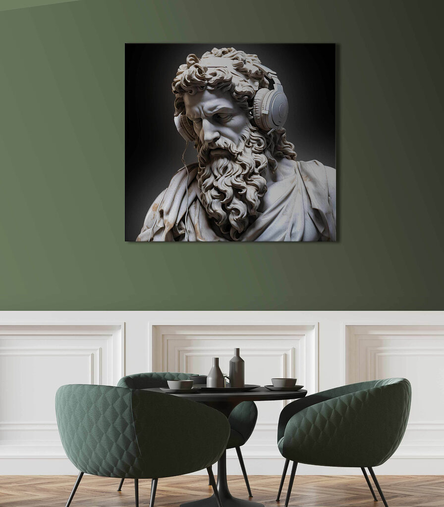 A statue of a bearded man wearing headphones A statue of a bearded man wearing headphones