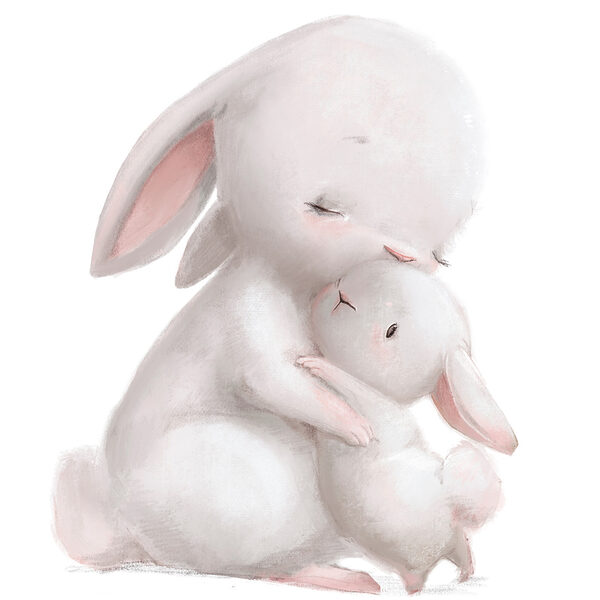 A cartoon of a rabbit hugging a baby rabbit