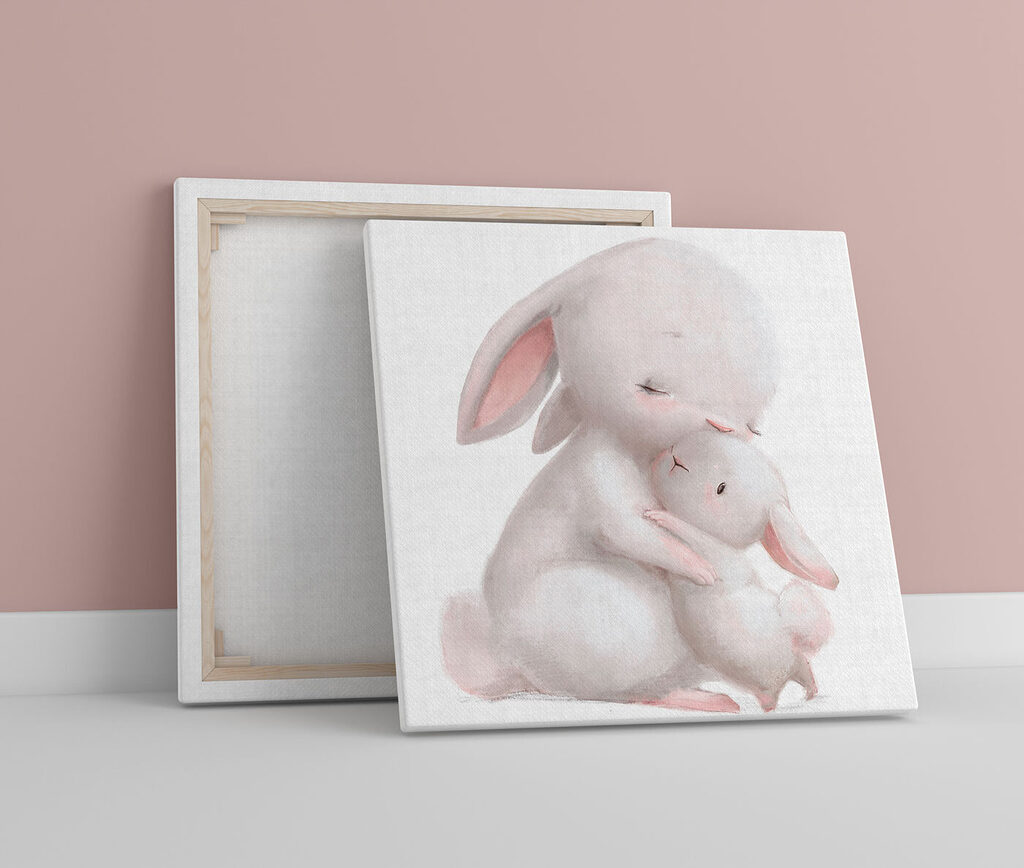 A cartoon of a rabbit hugging a baby rabbit