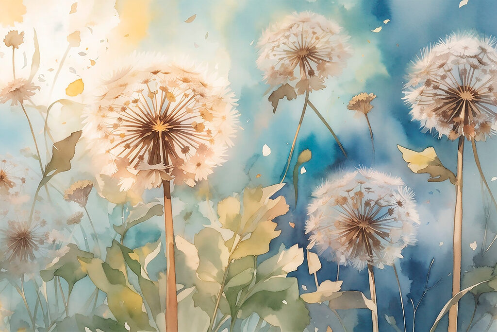 A watercolor painting of dandelions